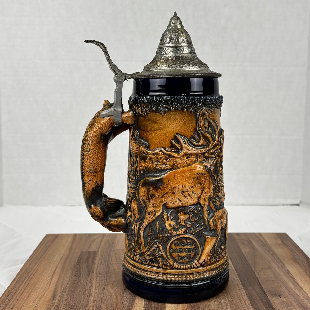 Gerz West Germany Fox Handle Beer Stein Hunting Scene Pewter Lid 32oz Vintage - Picture 6 of 16
